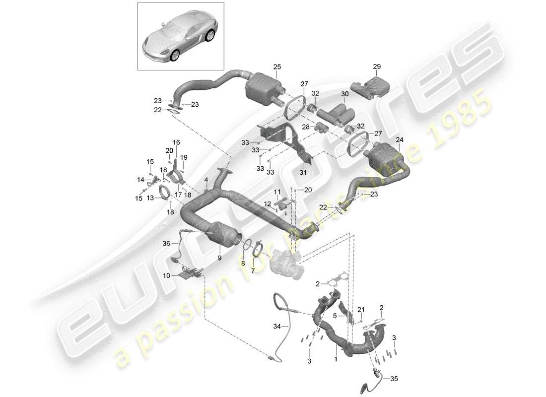 porsche 2017 (718 cayman) sistema de escape diagrama de piezas