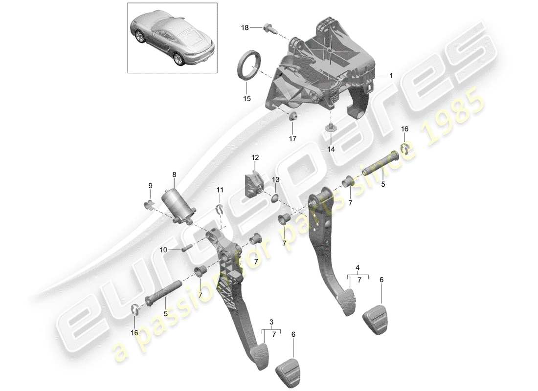 porsche 2018 (718 cayman) brake and acc. pedal assembly diagrama de piezas