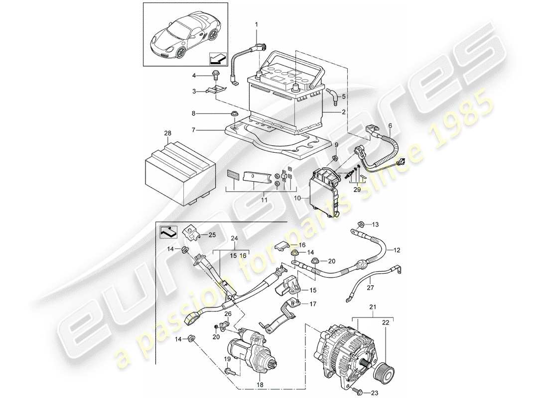 porsche 2009 (987 boxster) diagrama de piezas de la batería