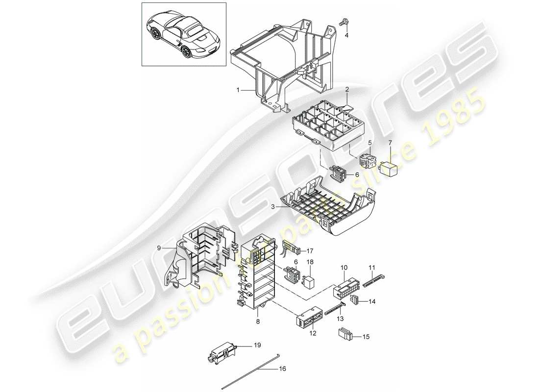 porsche 2009 (987 boxster) caja de fusibles/placa de relés diagrama de piezas