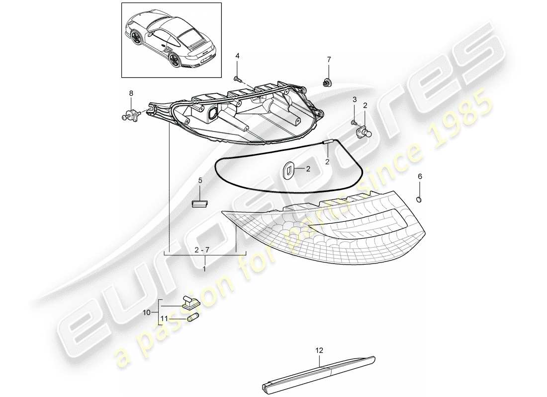 porsche 2012 (997-2 turbo / gt2 rs) diagrama de piezas de la luz trasera