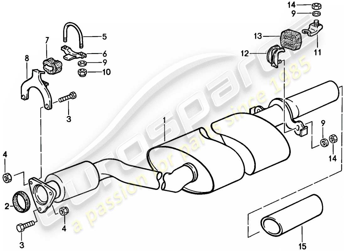 porsche 1986 (944) sistema de escape - silenciador de escape, trasero diagrama de piezas