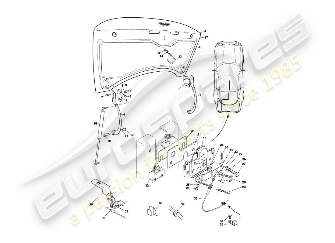 aston martin v8 coupe (1999) tapa del maletero, al vin v79079excl v79074 diagrama de piezas