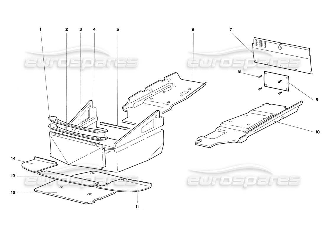 lamborghini diablo 6.0 (2001) diagrama de piezas de los paneles de piso del marco