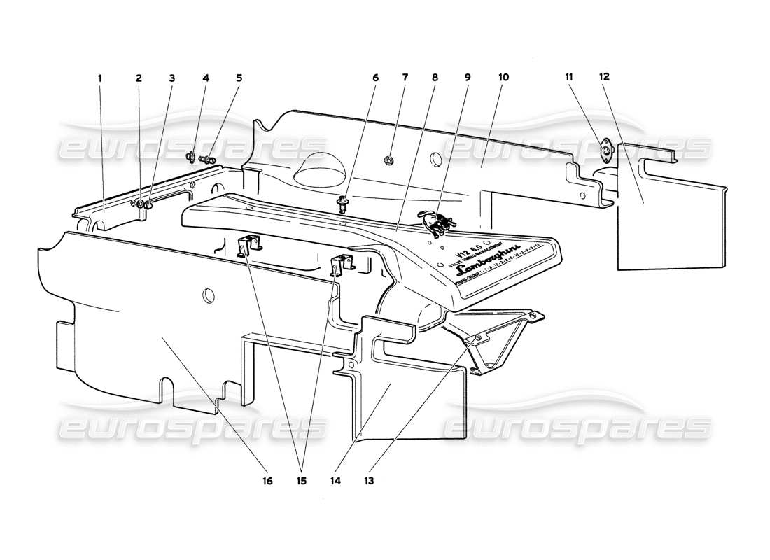 lamborghini diablo 6.0 (2001) diagrama de piezas de los paneles del compartimento del motor