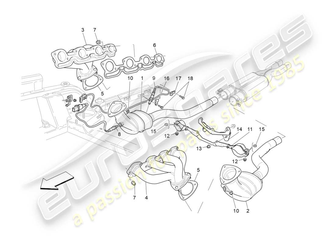 maserati granturismo (2010) diagrama de piezas de convertidores precatalíticos y convertidores catalíticos