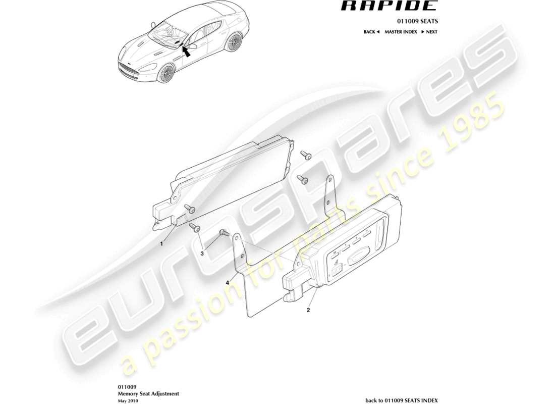 aston martin rapide (2012) diagrama de piezas de ajuste del asiento delantero