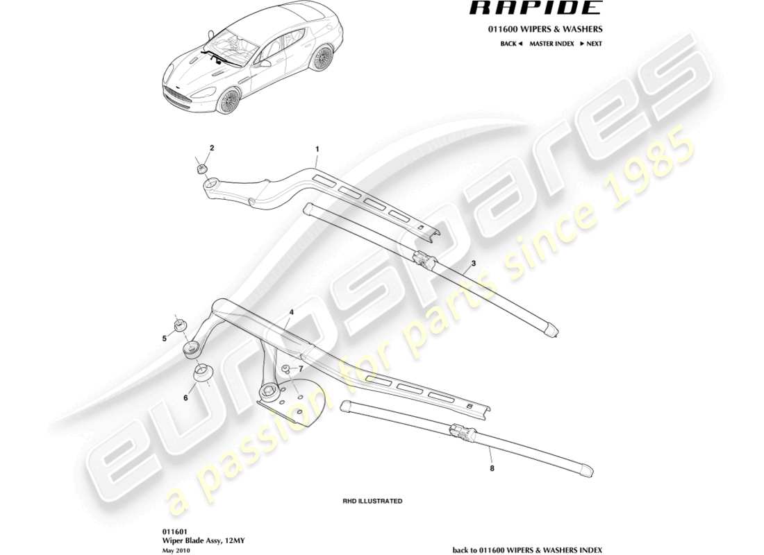 aston martin rapide (2016) wiper blade assembly, 12my diagrama de piezas