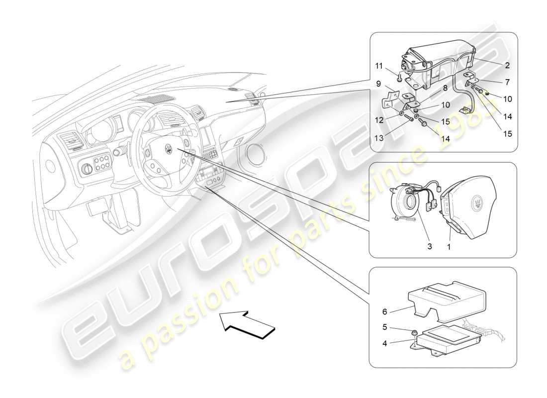 maserati granturismo s (2013) diagrama de piezas del sistema de airbag delantero