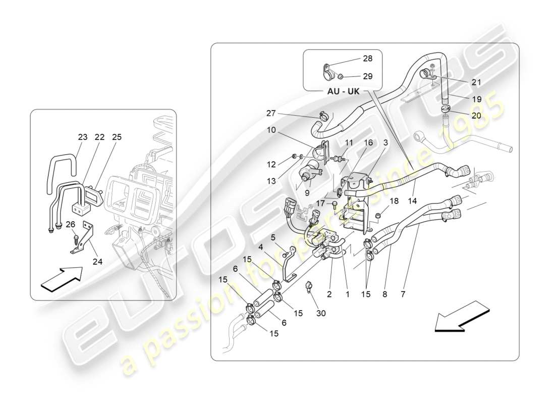 maserati granturismo (2013) unidad de a/c: dispositivos del compartimiento del motor diagrama de piezas