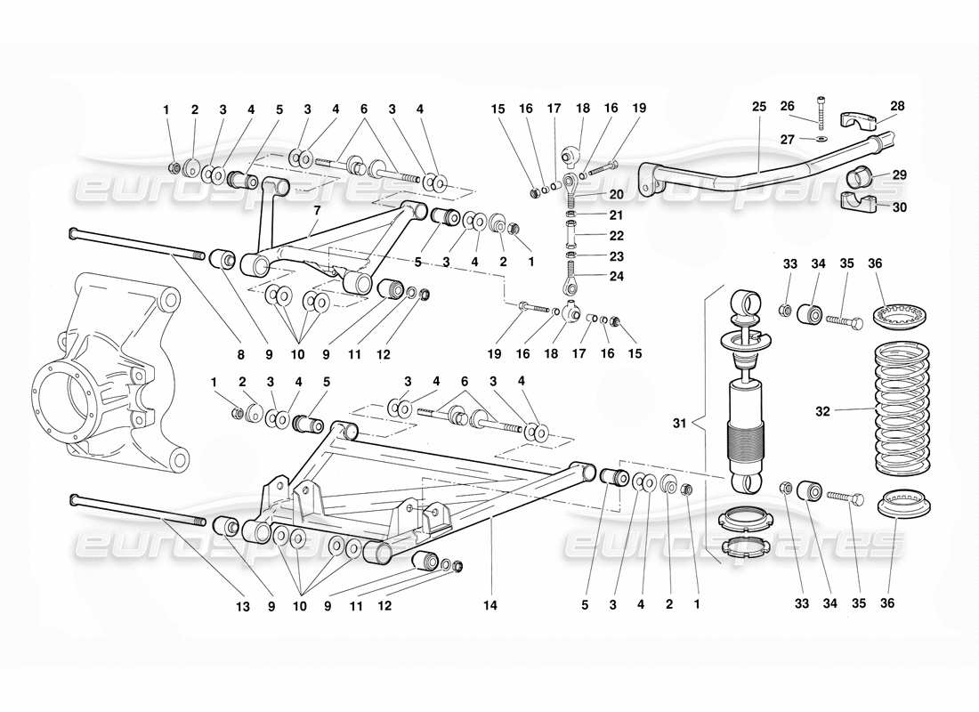 lamborghini diablo (1991) diagrama de piezas de la suspensión trasera