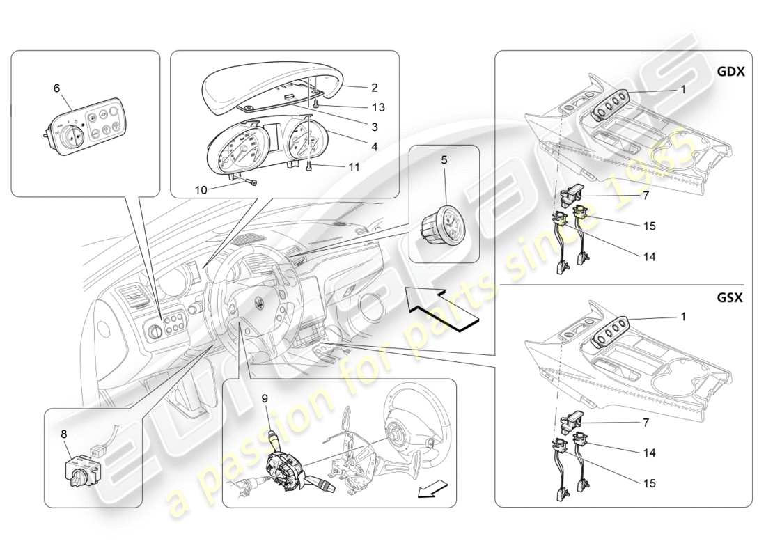 maserati granturismo s (2019) dispositivos del tablero diagrama de piezas