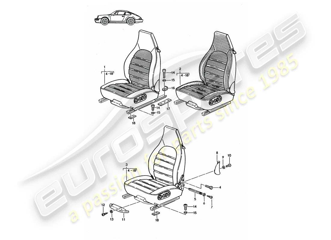 un diagrama de piezas del catálogo de piezas porsche 1995 (seats for 944/968/911/928)