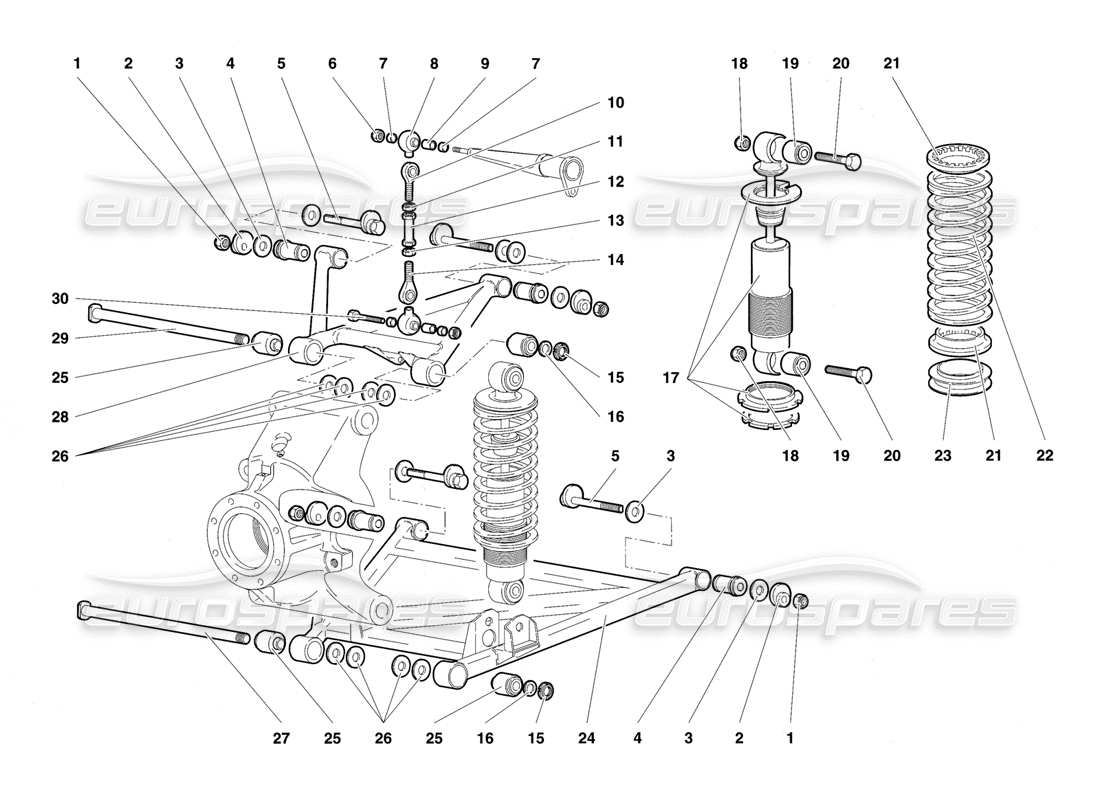 lamborghini diablo se30 (1995) diagrama de piezas de la suspensión trasera