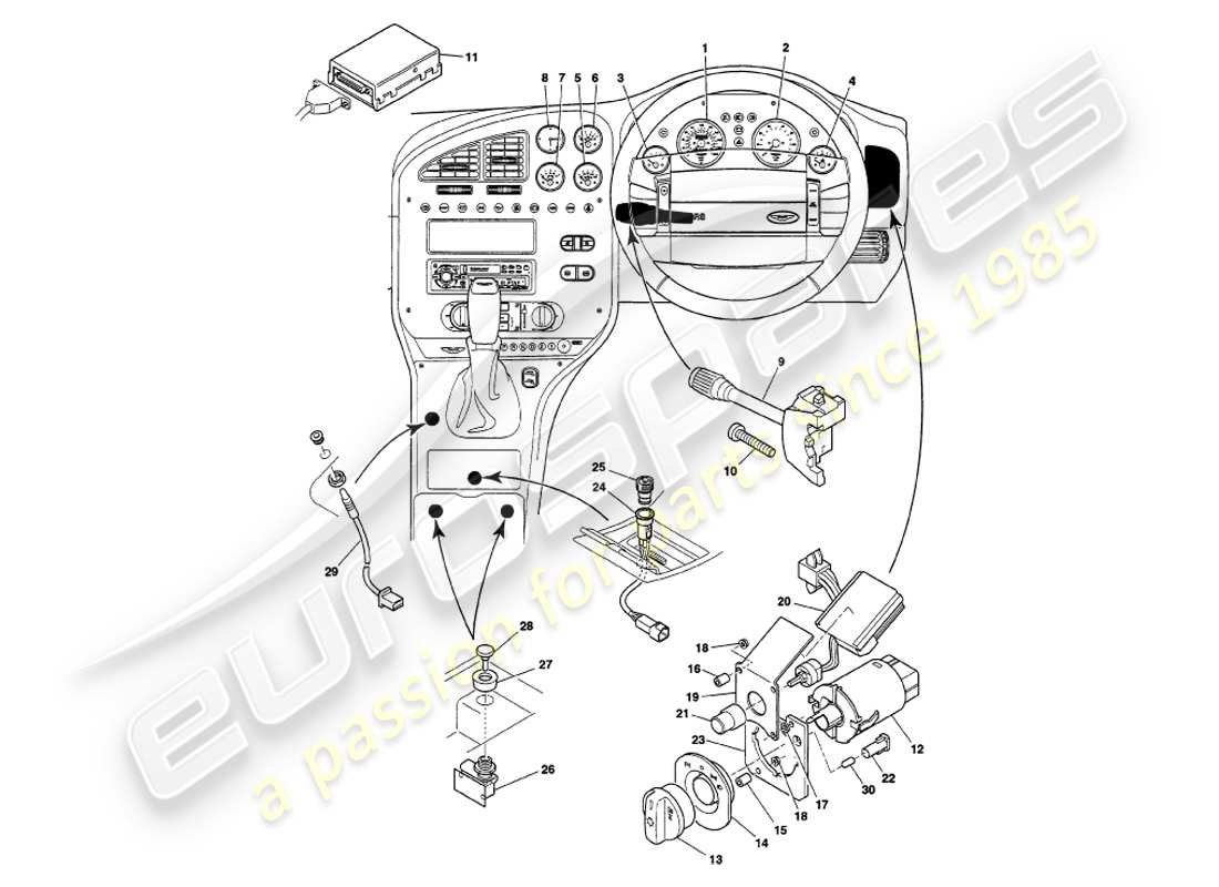 aston martin v8 volante (1997) diagrama de piezas de instrumentos y controles