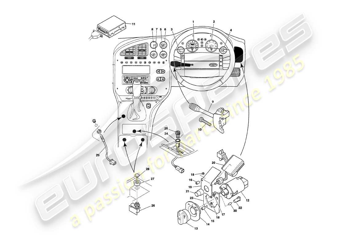 aston martin v8 volante (1998) diagrama de piezas de instrumentos y controles