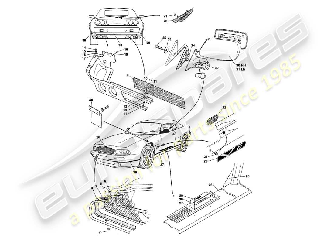 aston martin v8 volante (1998) diagrama de piezas de accesorios para la carrocería