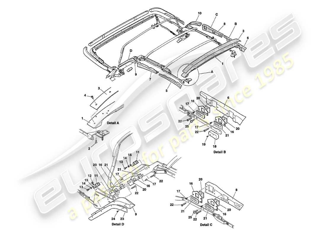 aston martin v8 volante (1997) maderas del marco del capó diagrama de piezas