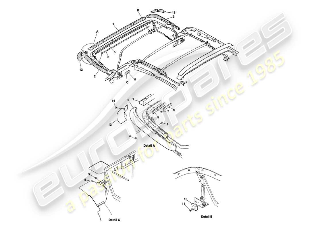aston martin v8 volante (1998) maderas del marco del capó diagrama de piezas