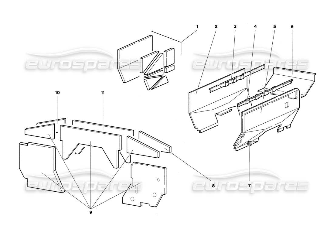 lamborghini diablo 6.0 (2001) diagrama de piezas de los paneles aislantes del compartimento del motor