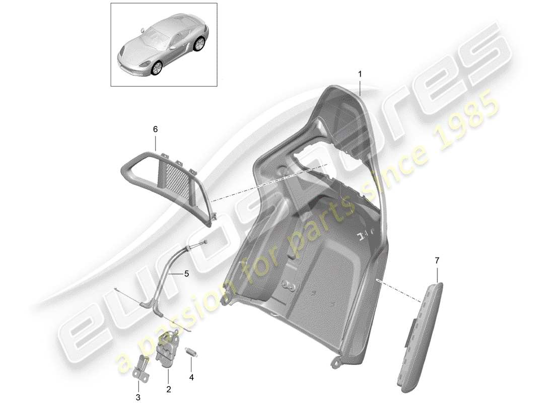 porsche 2017 (718 cayman) carcasa del respaldo diagrama de piezas