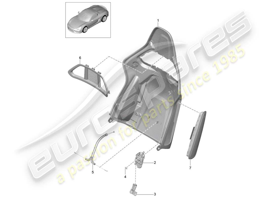 porsche 2016 (981 boxster spyder) diagrama de piezas de la carcasa del respaldo