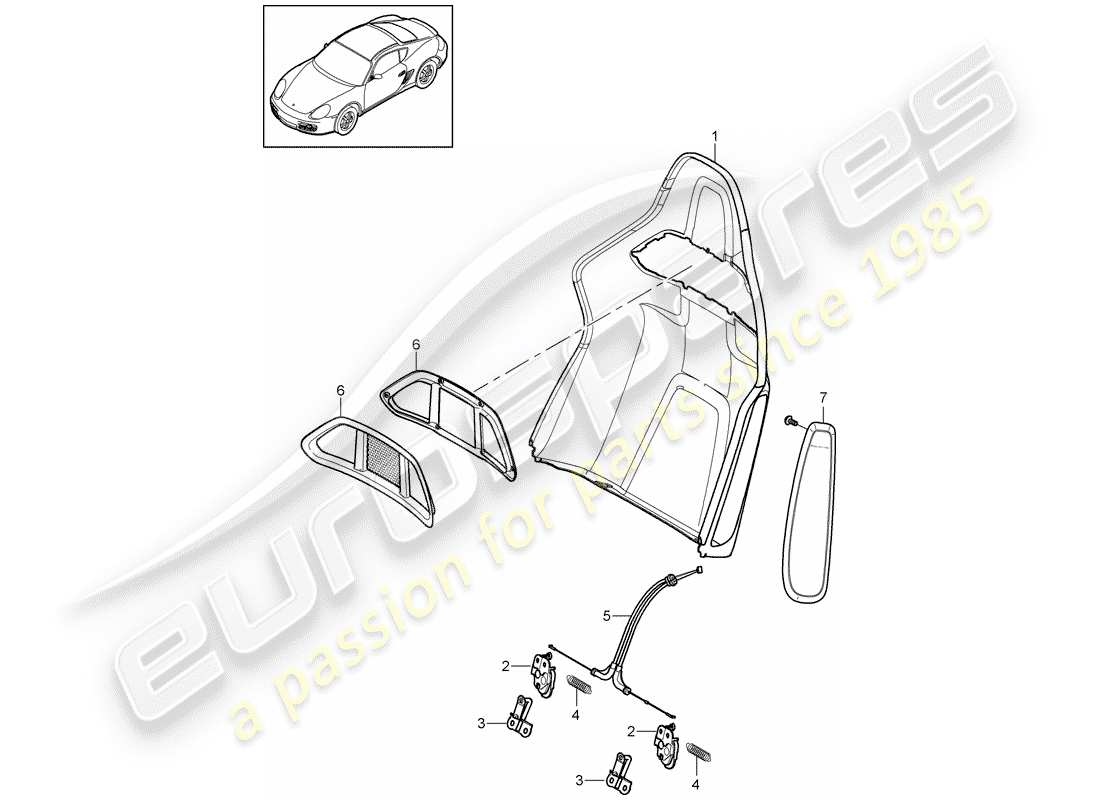 porsche 2010 (987 cayman) carcasa del respaldo diagrama de piezas