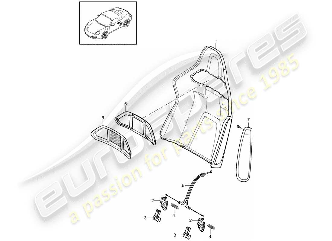 porsche 2010 (987 boxster) diagrama de piezas de la carcasa del respaldo