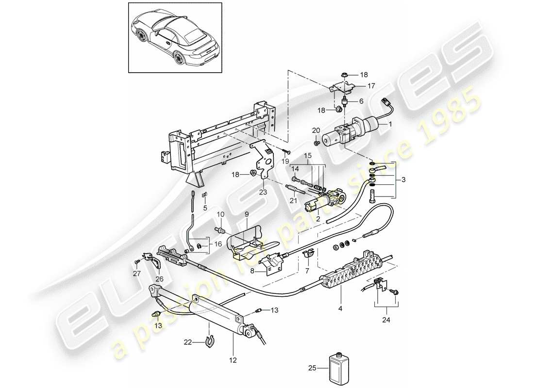 porsche 997 t/gt2 (2008) diagrama de piezas de capota convertible