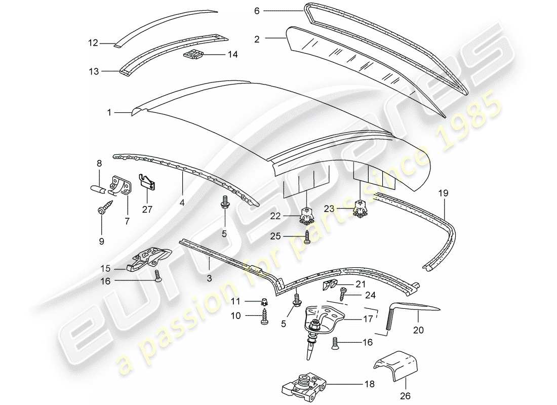 porsche 1999 (996) techo rígido - accesorios - juntas diagrama de piezas