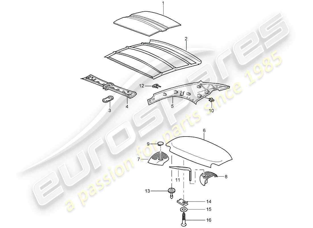 porsche 1998 (996) techo rígido - absorbedor de sonido diagrama de piezas
