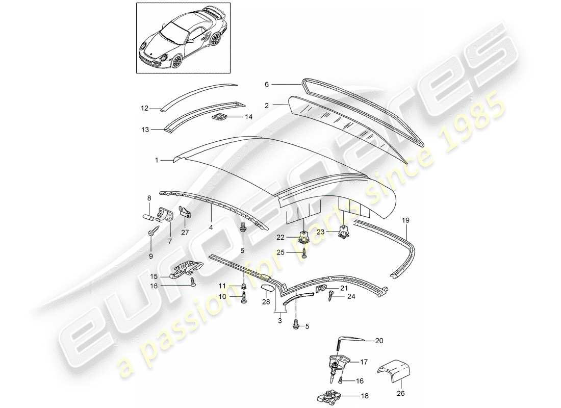 porsche 2009 997-2 turbo / gt2 diagrama de piezas del techo duro