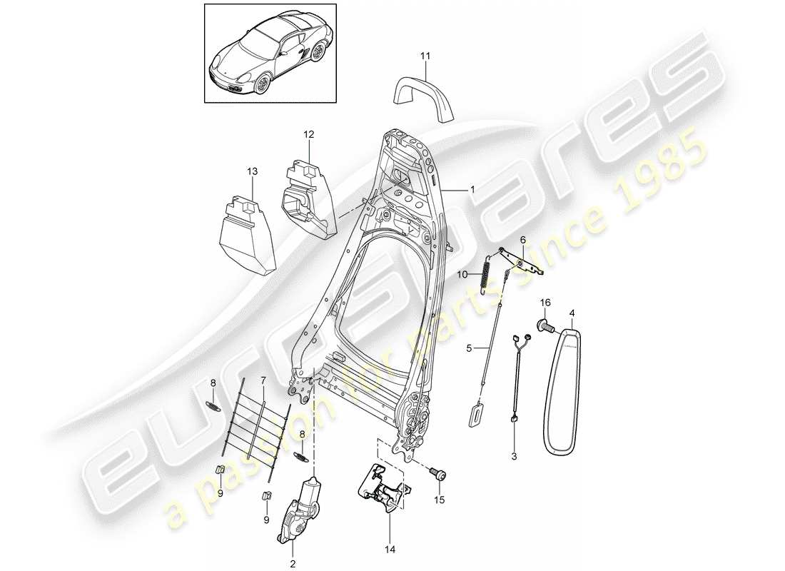 porsche 2010 (987 cayman) marco del respaldo diagrama de piezas