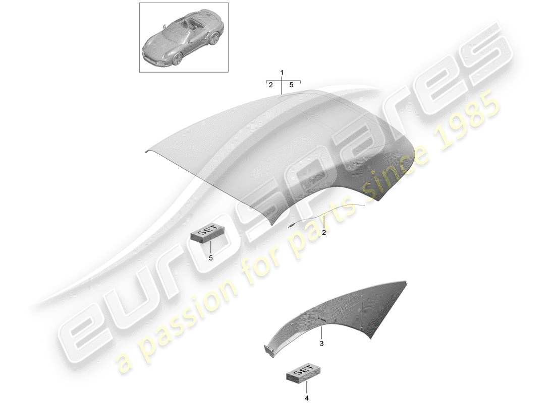 porsche 991 turbo (2015) cubierta de capota convertible diagrama de piezas