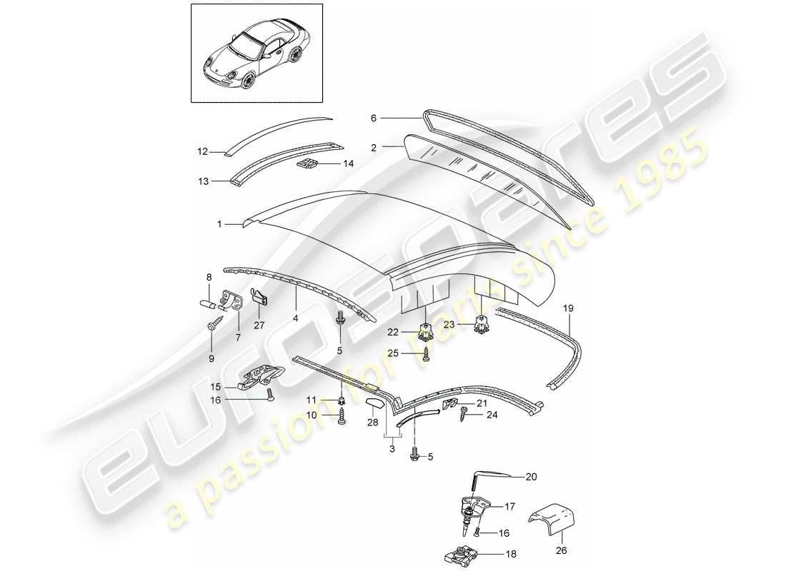 porsche 2012 (997-2) techo rígido diagrama de piezas