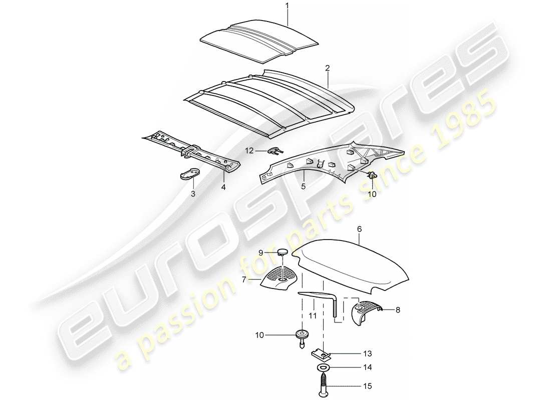 porsche 2008 (997-1 turbo / gt2) techo rígido diagrama de piezas