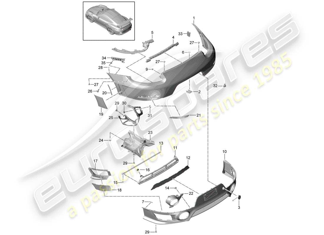porsche 991 turbo (2020) diagrama de piezas del parachoques