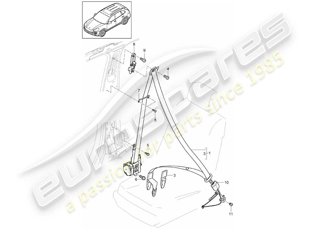 porsche cayenne e2 (2013) diagrama de piezas del cinturón de seguridad de tres puntos