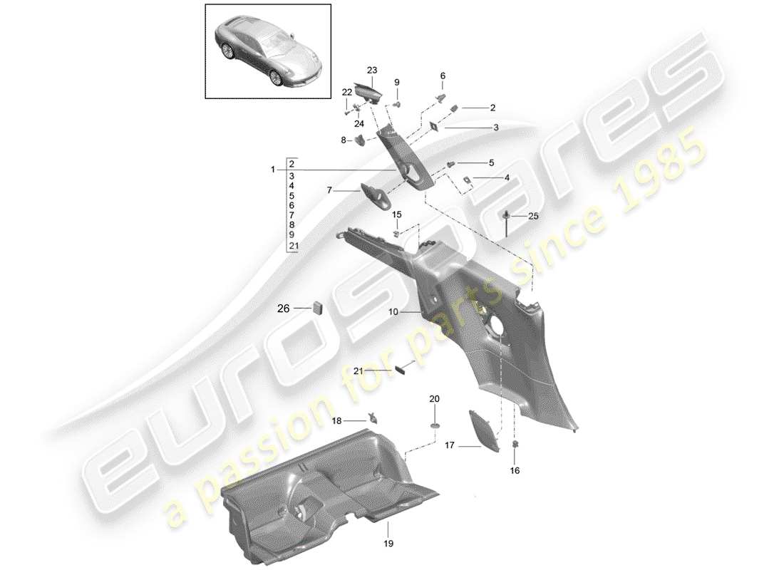porsche 2019 (991-2) diagrama de piezas del panel de acabado cuarto