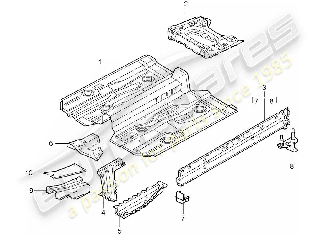 porsche 2005 (996) diagrama de piezas del pan de piso
