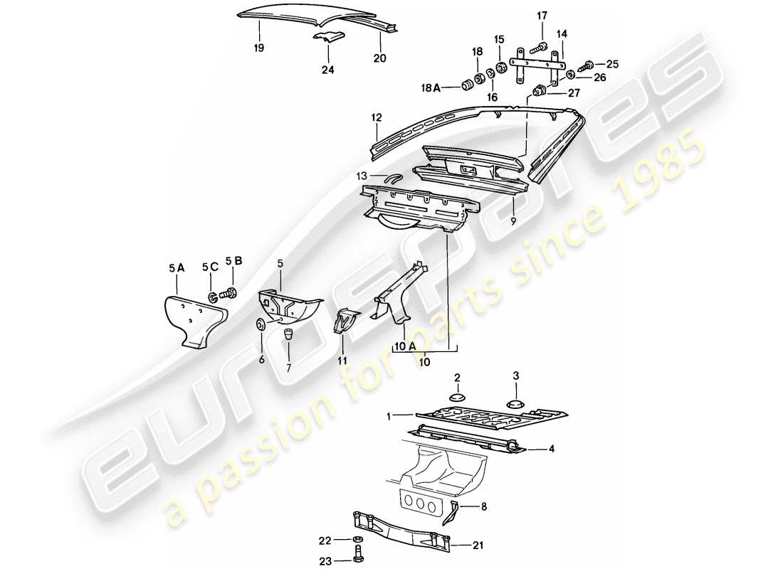 porsche 1976 (924) portador de transmisión - piso del maletero - techo diagrama de piezas
