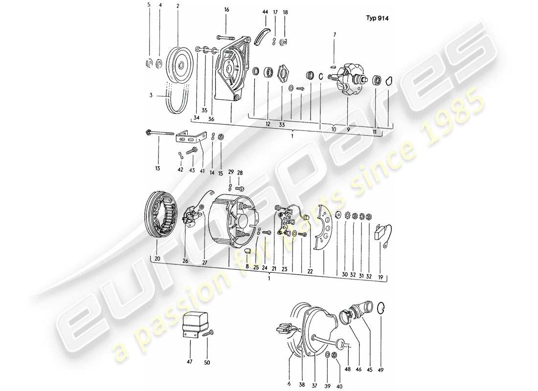 porsche 1971 (914) alternador - piezas individuales diagrama de piezas