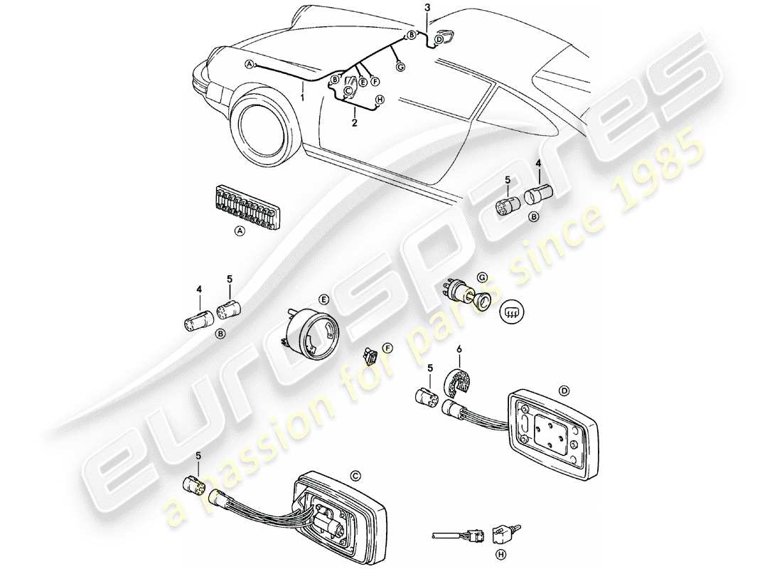 porsche 1980 (911) arneses de cableado - espejo retrovisor diagrama de piezas