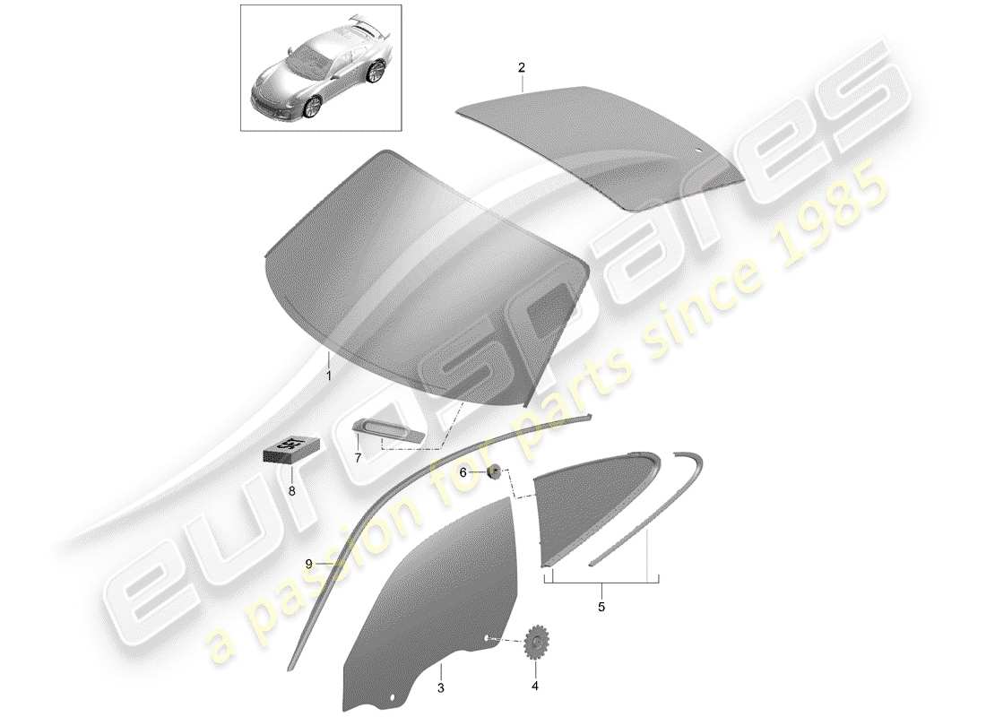 porsche 991r/gt3/rs (2015) diagrama de piezas del vidrio del parabrisas