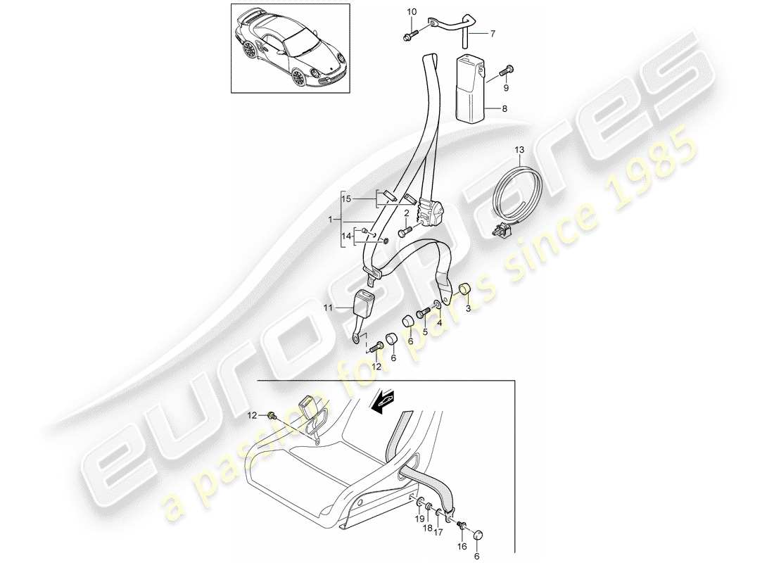 porsche 2012 (997-2 turbo / gt2 rs) cinturón de seguridad diagrama de piezas