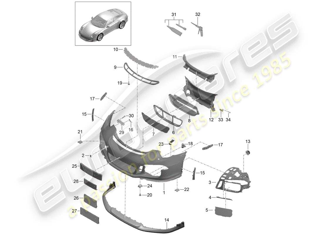 porsche 2014 (991-1 r/gt3/rs) parachoque diagrama de piezas