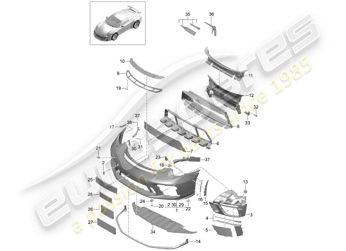 porsche 2017 (991-2 r/gt3/rs) diagrama de piezas del parachoques