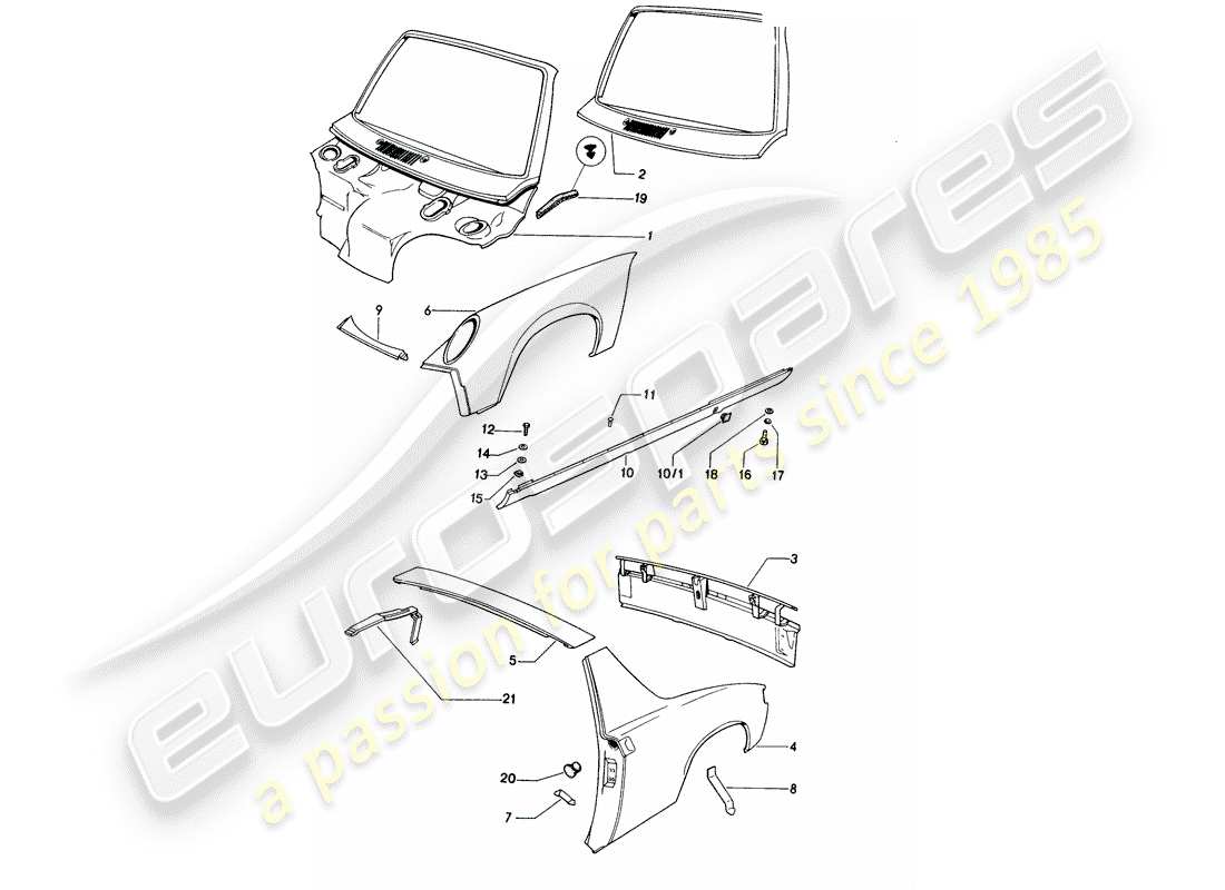 porsche 1976 (914) paneles exteriores diagrama de piezas