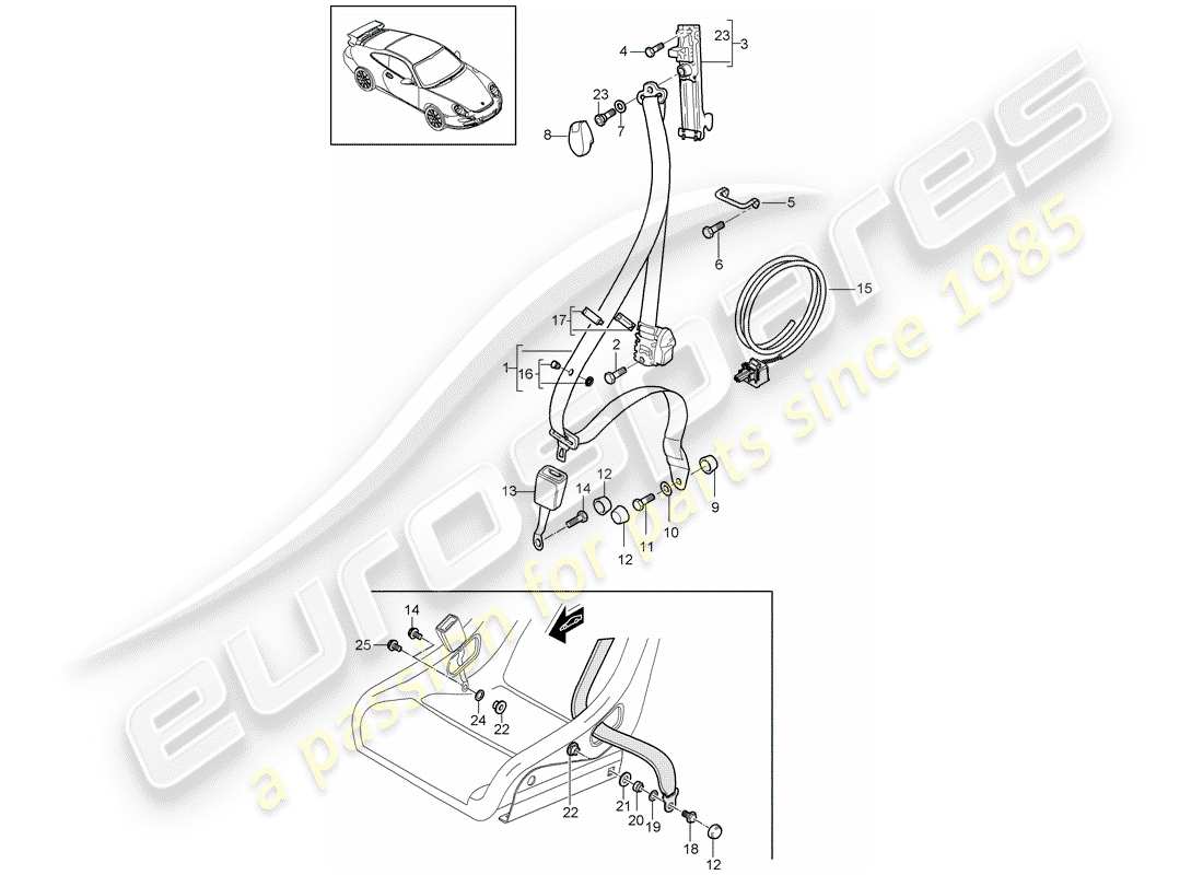 porsche 997 gt3 (2011) diagrama de piezas del cinturón de seguridad