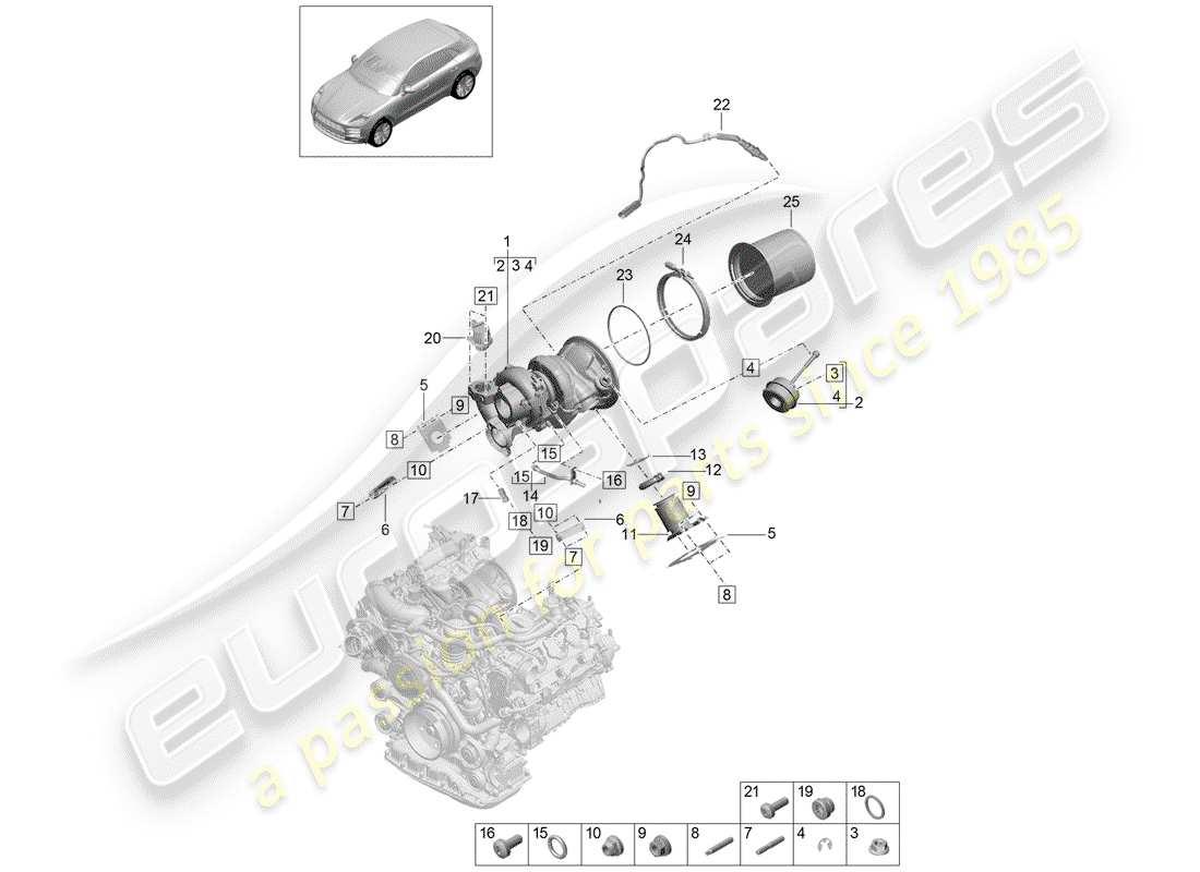 porsche 2019 (macan) diagrama de piezas del turbocompresor de gas de escape